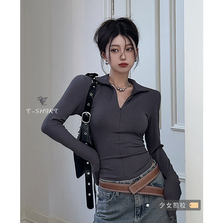 新款高腰短款紧身polo拉链长袖T恤打底衫秋女内搭正肩蚂蚁腰上衣