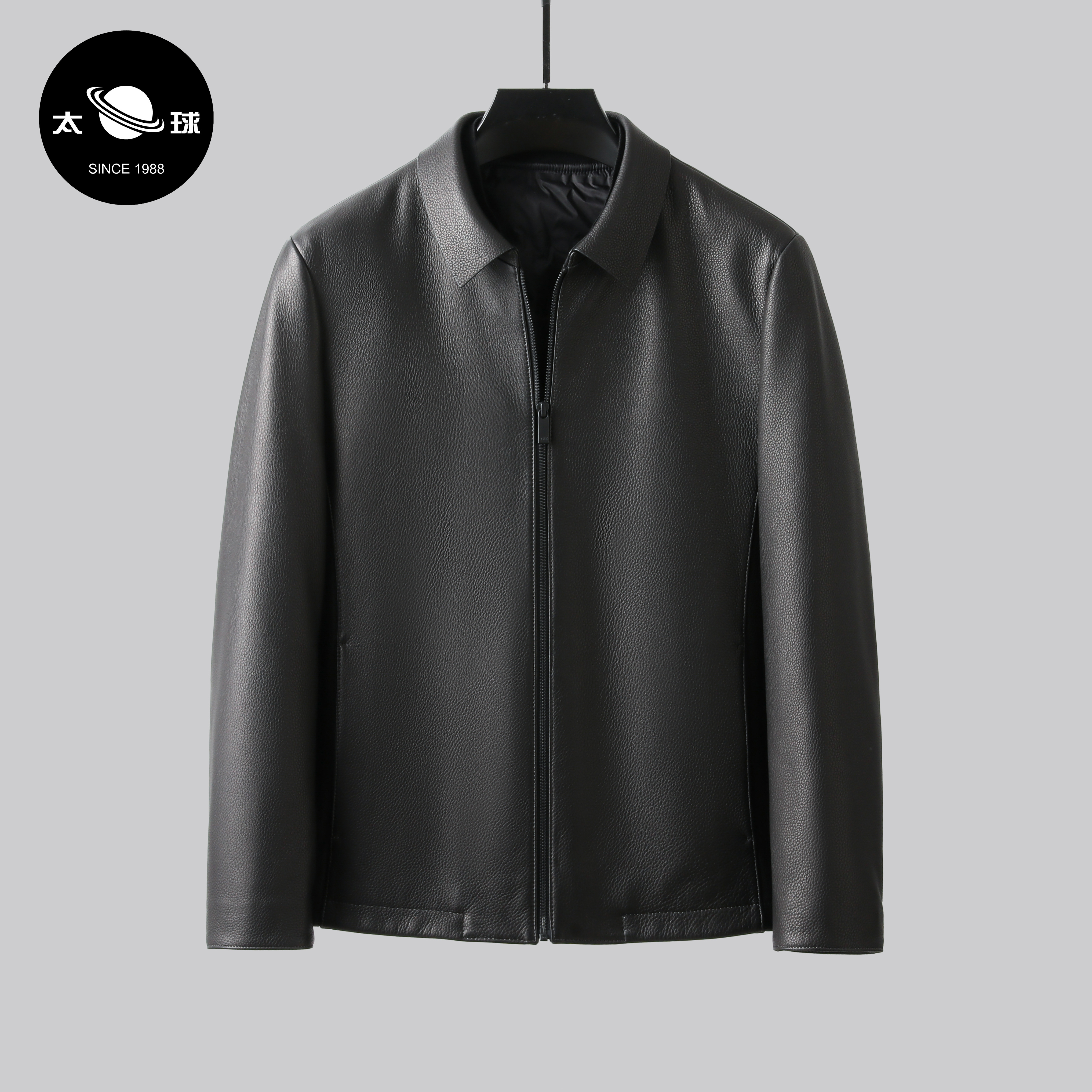 23A06男士冬装头层鹿皮海宁皮衣翻领商务休闲羽绒内胆外套