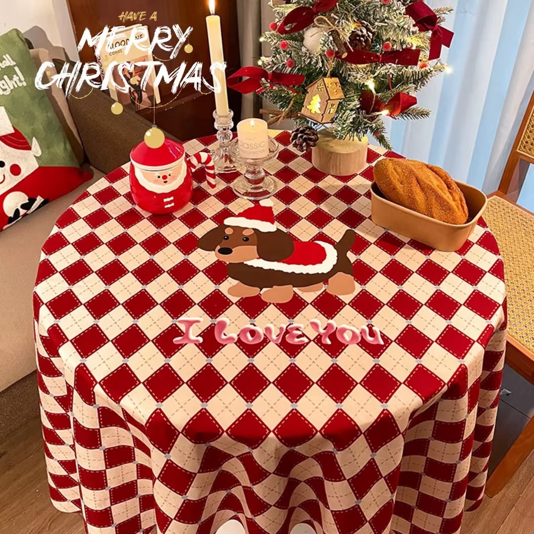 新年氛围感桌布网红腊肠狗圆桌复古防油防水餐桌茶几高级感书桌垫