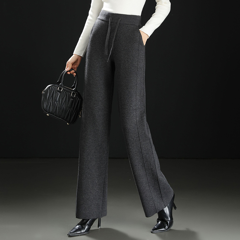 正品高端羊毛阔腿裤子女秋冬季加厚保暖裤子时尚休闲直筒高腰外穿
