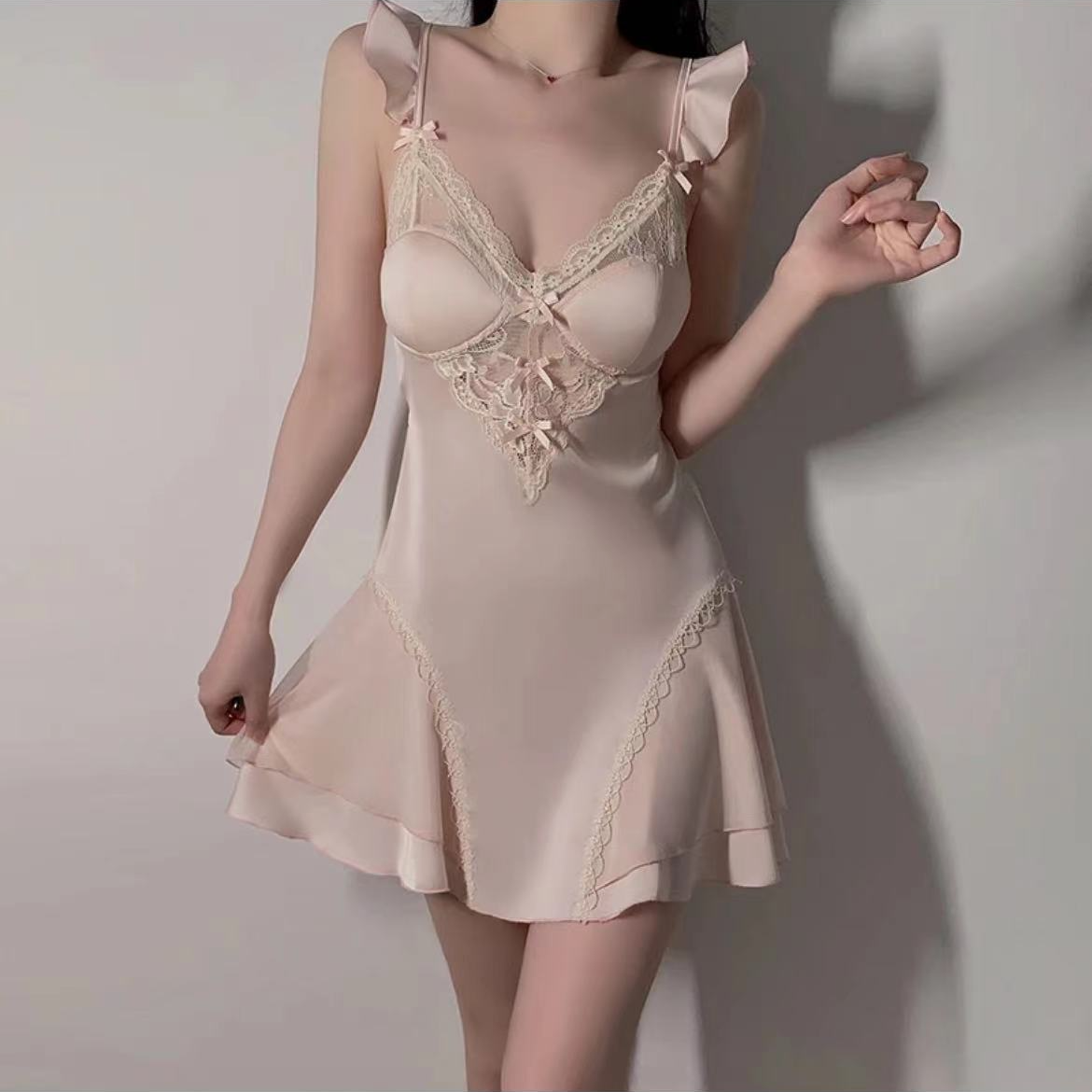 双11大促【日落sunset】女士纯欲蕾丝拼纱加胸垫吊带睡裙显瘦日甜美