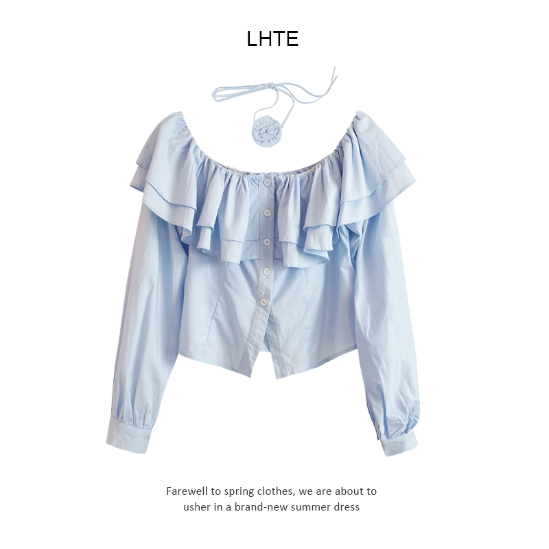 【青青定制】C9159时尚蓝色娃娃领收腰长袖小衫