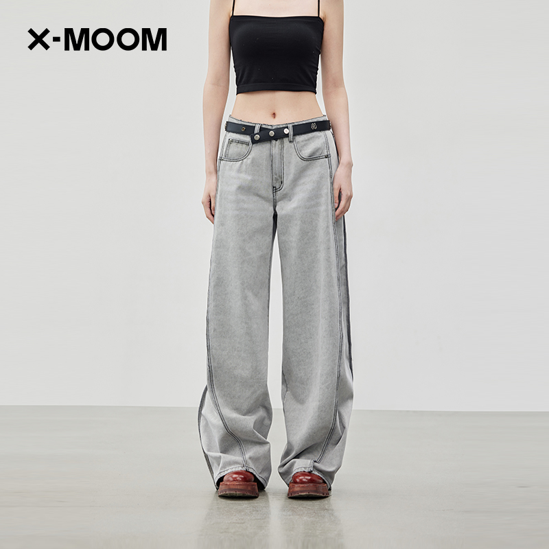X--MOOM2024秋季女士新款侧缝插片灰色宽松直筒牛仔裤ZXQNN20995