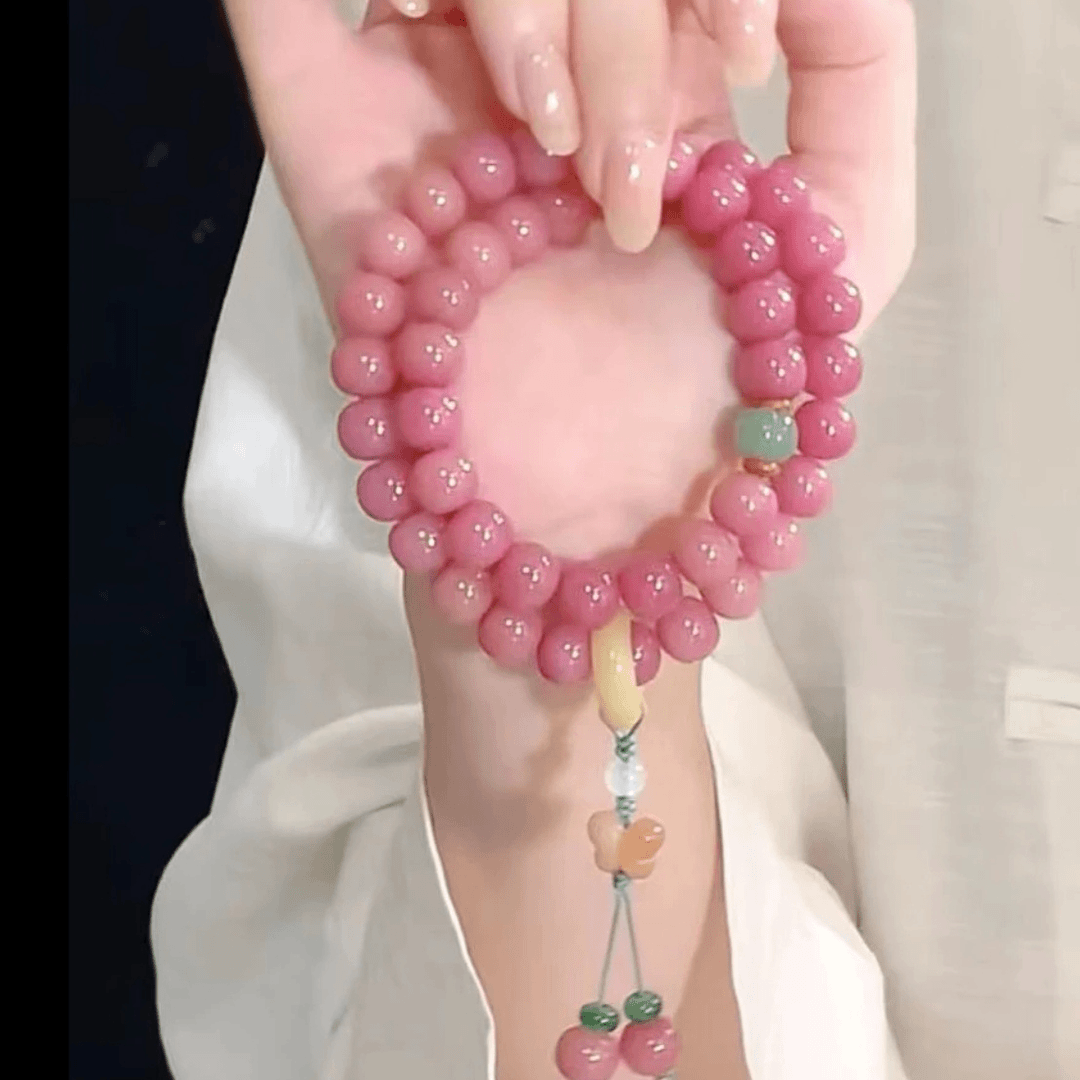 桃花醉霞光粉双圈百搭女款手串跑环小蝴蝶配饰手持款