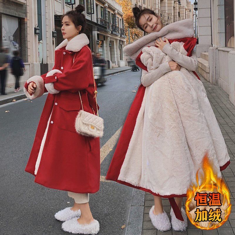 红色毛呢外套女中长款冬季新款大码加绒加厚保暖派克棉服大衣
