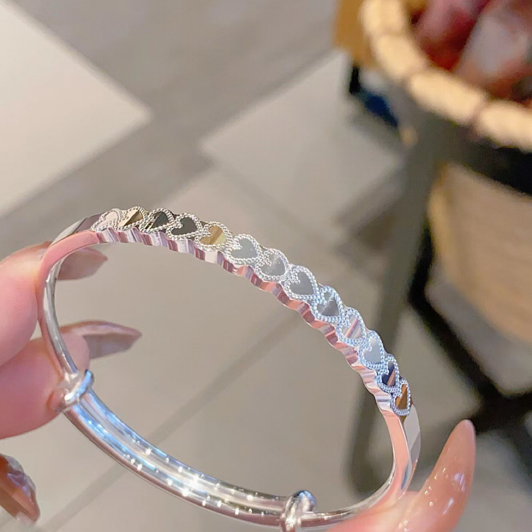 足银手镯 足银999.9心心相印系列新款时尚推拉手镯足银手镯网红