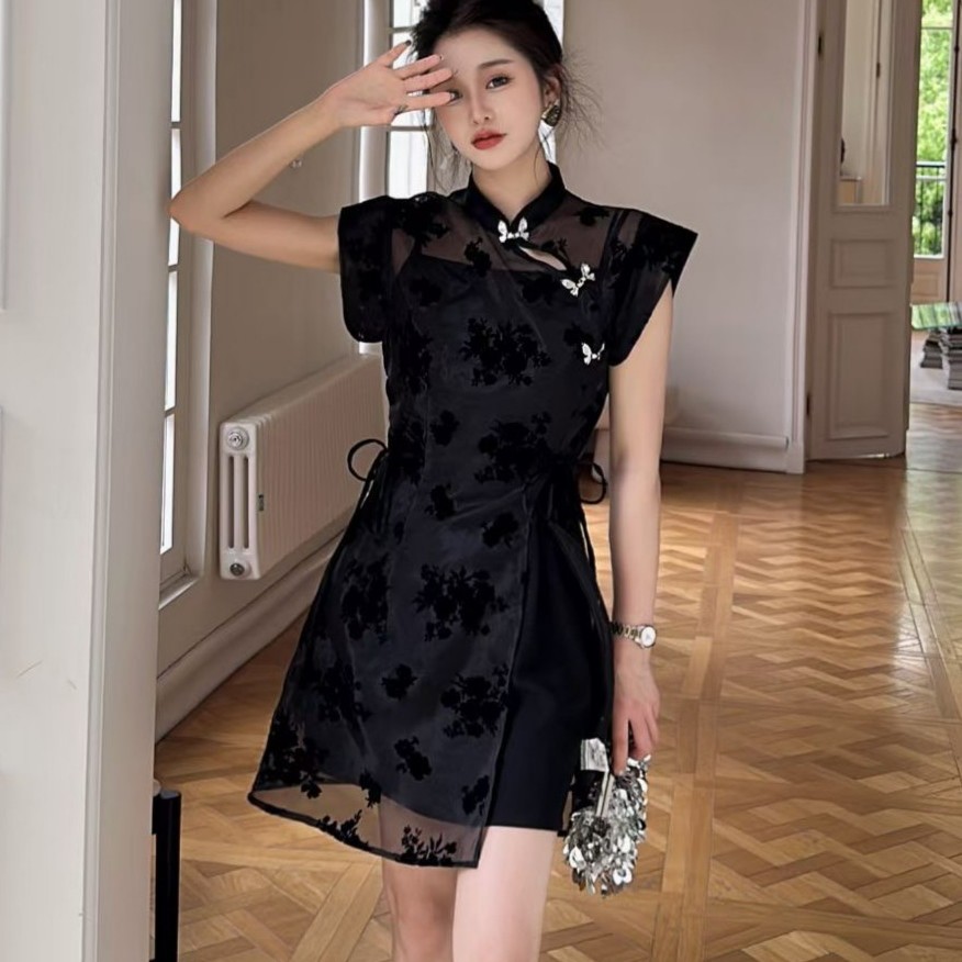 夏装女黑色2024年新款新中式国风改良旗袍收腰显瘦植绒连衣裙短款