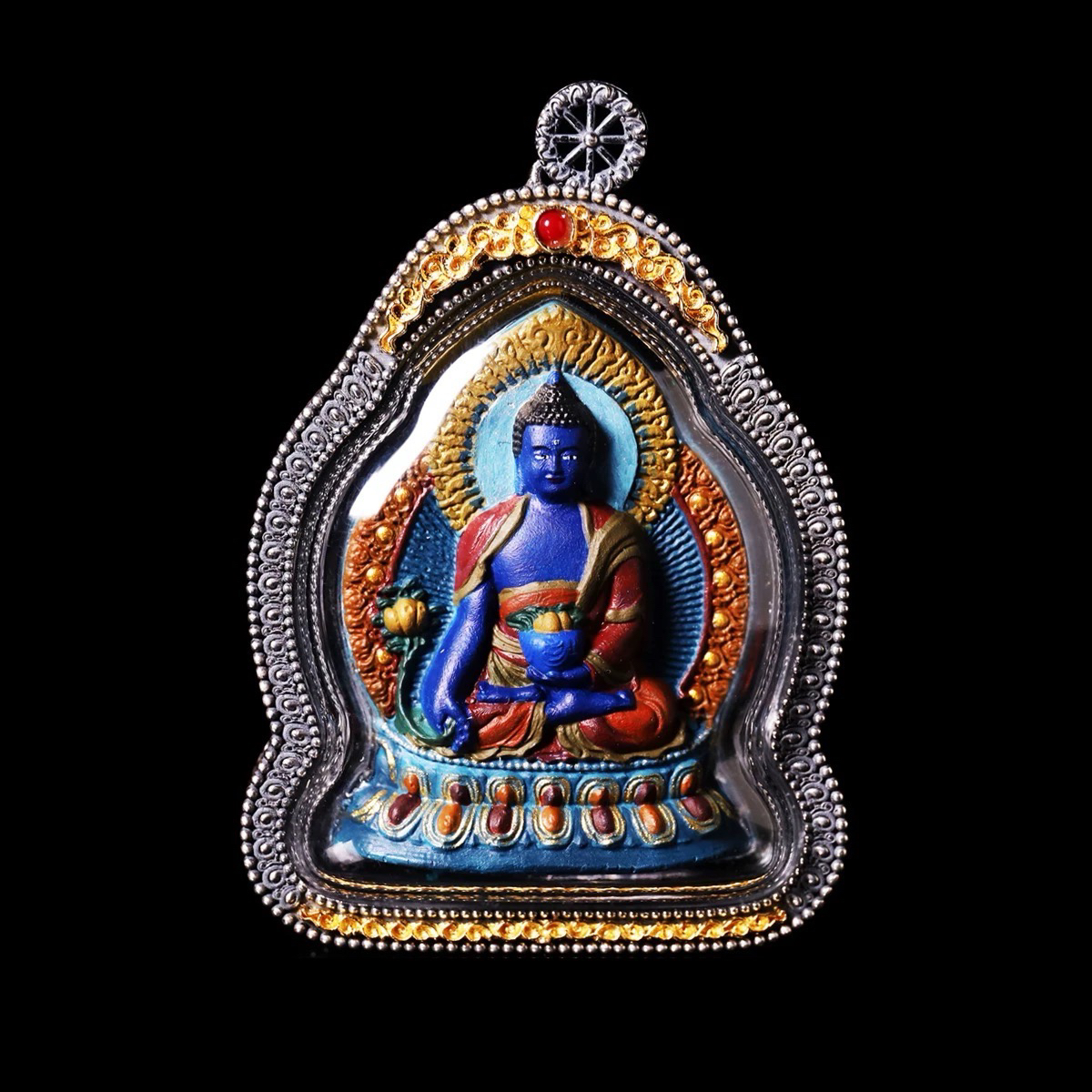药师佛立体纯银擦擦纯手工手绘唐卡随身擦擦嘎乌盒吊坠唐卡吊坠