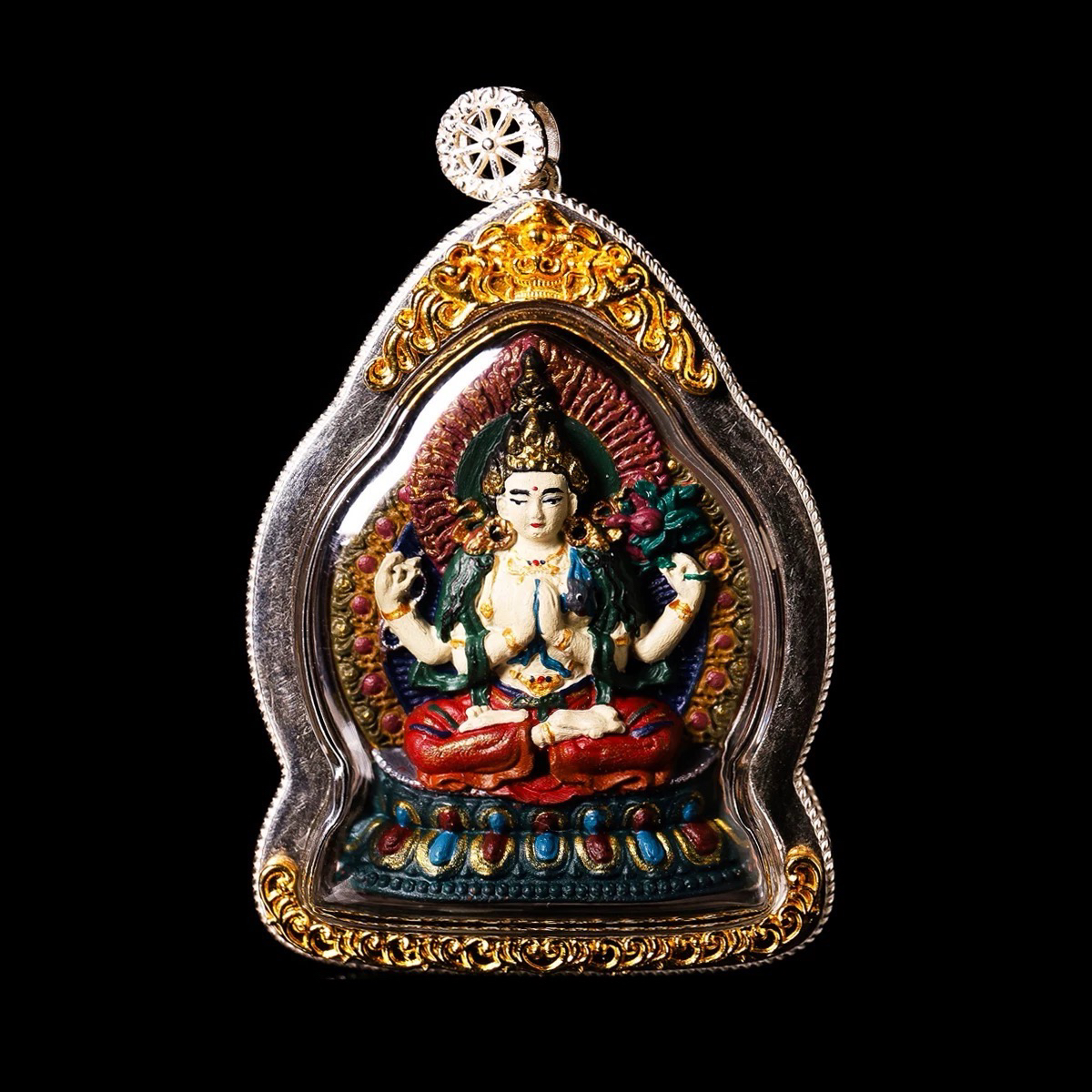 四臂观音立体纯银擦擦纯手工手绘唐卡随身擦擦嘎乌盒吊坠挂件饰品