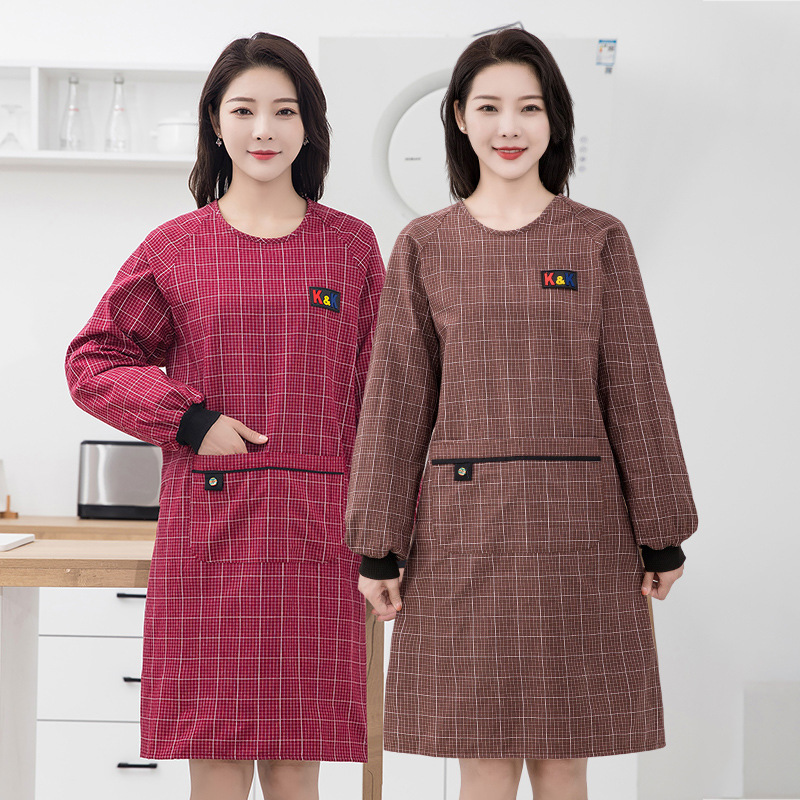 家用厨房高档加厚棉布罩衣做饭长袖围裙女时尚上班透气防污工作服