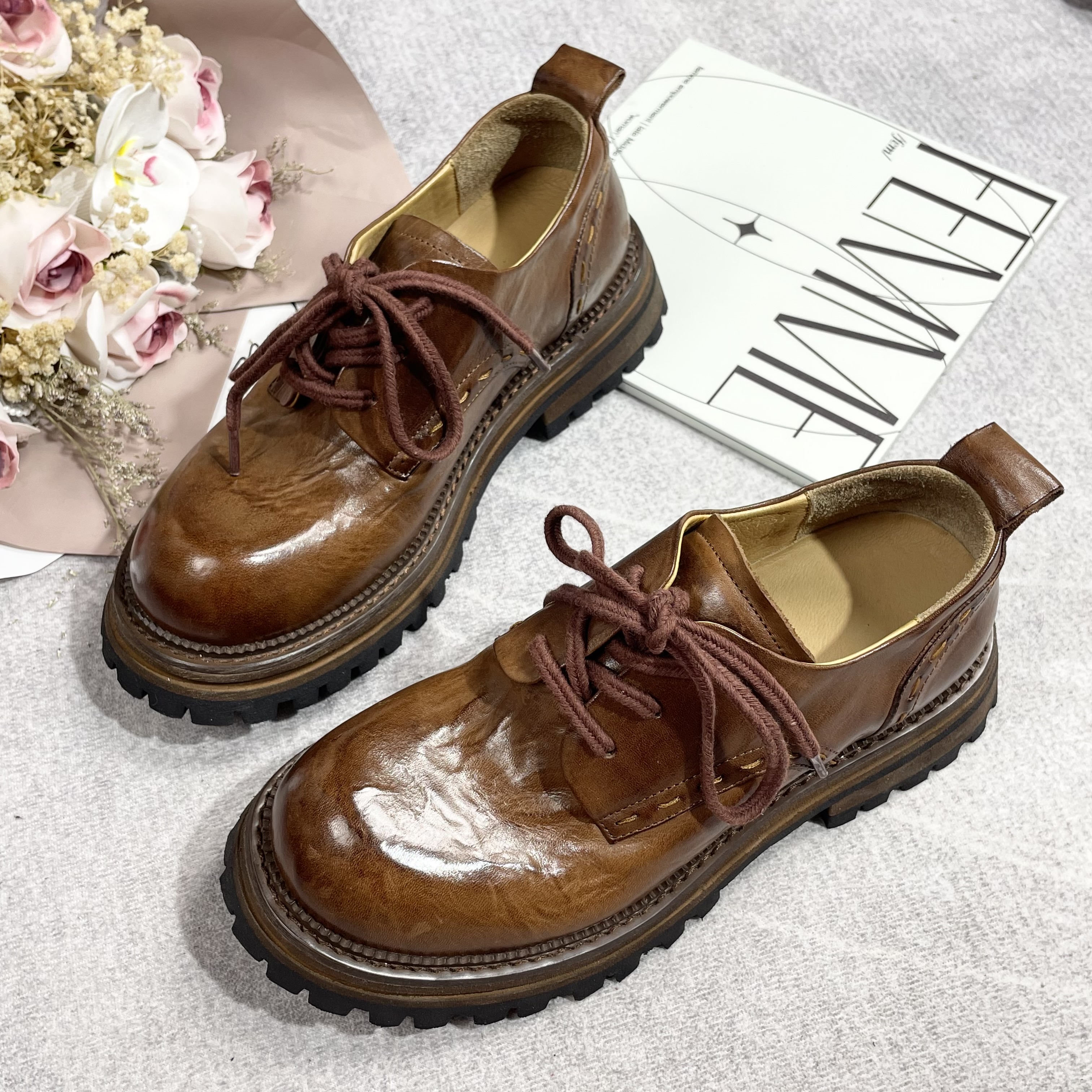 01水洗马皮真皮手工复古厚底单鞋女英伦风百搭休闲休闲单鞋