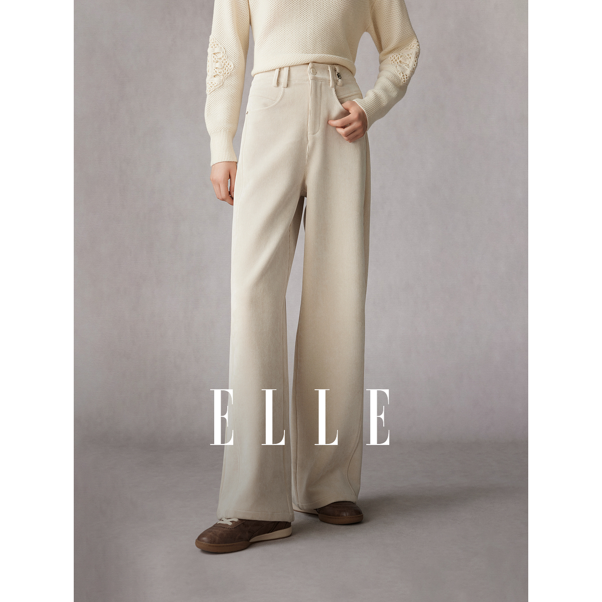ELLE复古灯芯绒宽松阔腿裤女2024冬季新款慵懒松弛感高腰EK40339