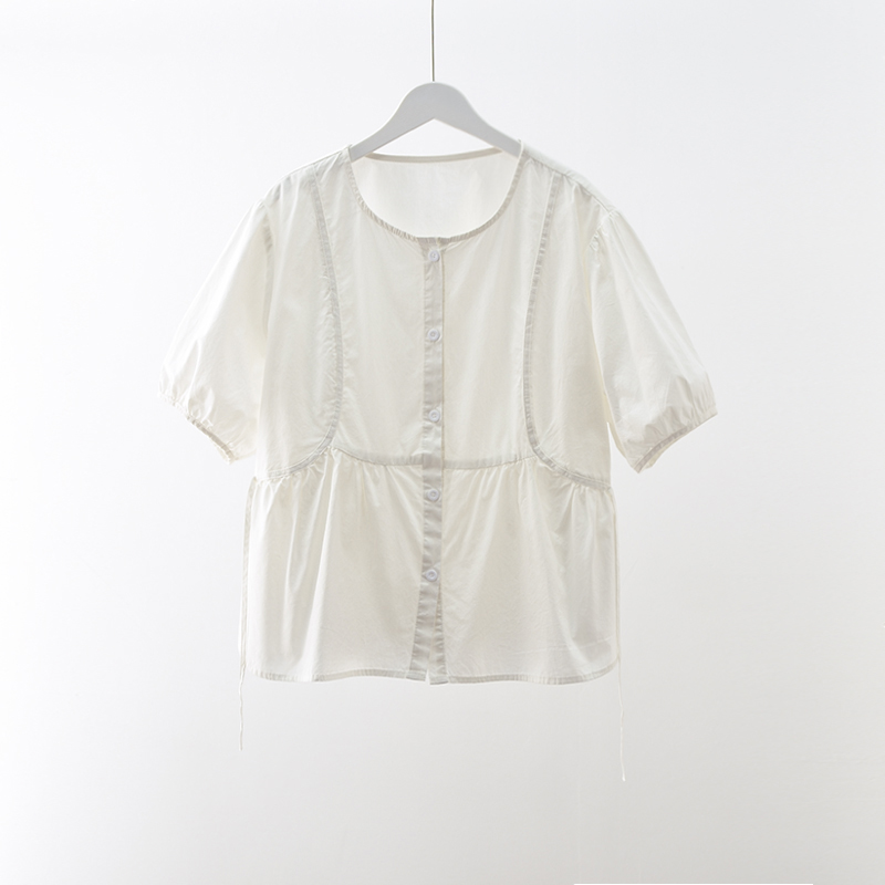 1098  【初夏日记】时尚简约衬衫设计感纯色气质圆领中袖衬衣