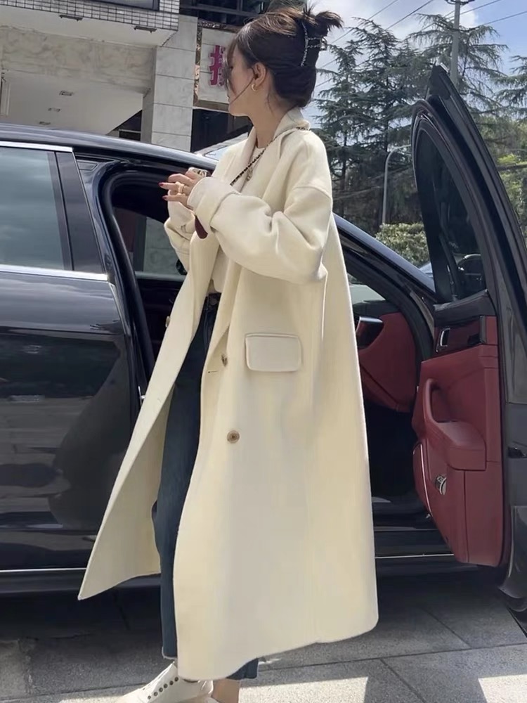 806韩版气质高端双排扣阔版宽松显瘦双面呢大衣外套{海盐玫瑰}