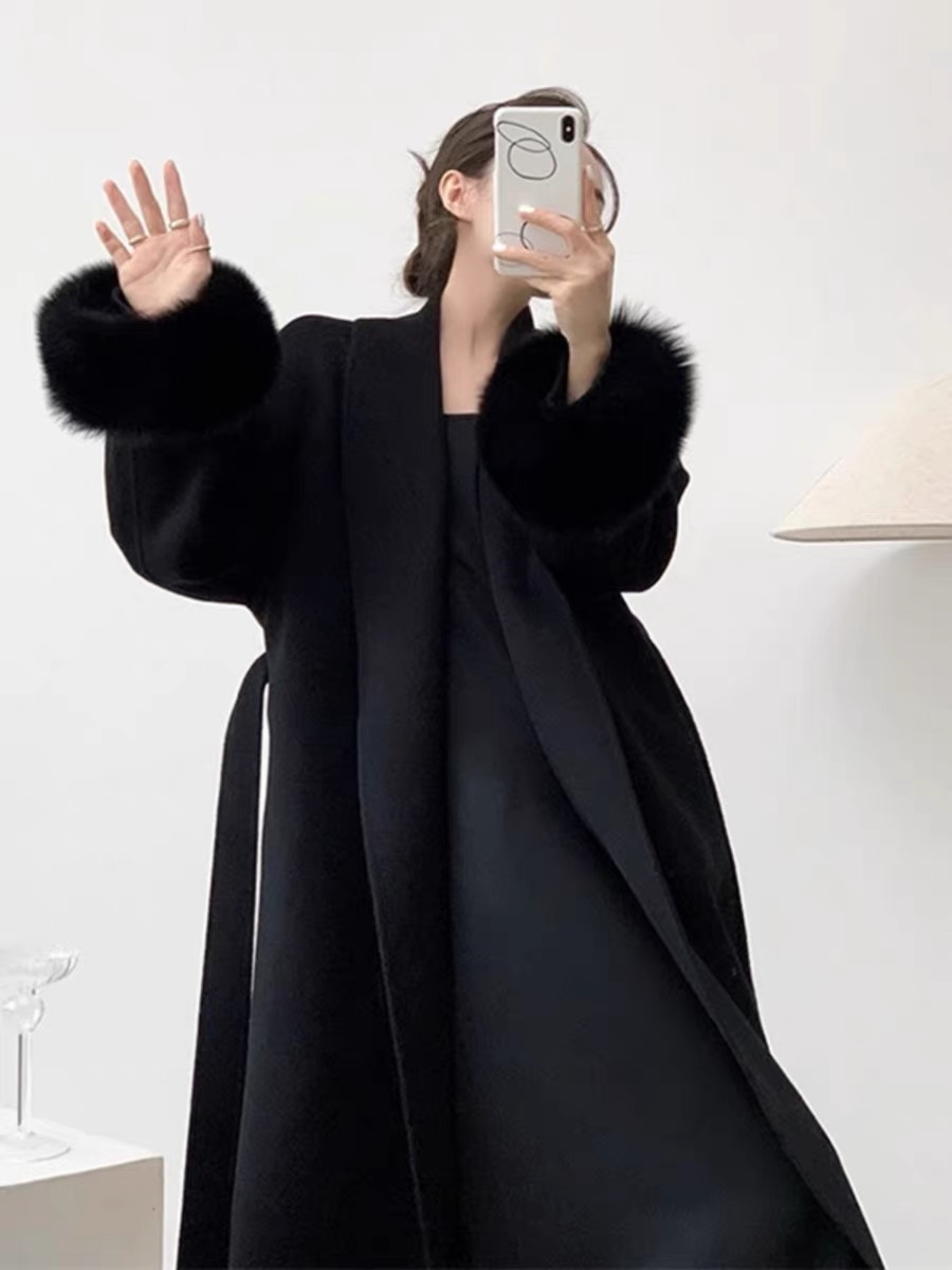 9936秋冬新品高级感可拆卸毛毛袖系腰带显瘦气质名媛毛呢外套