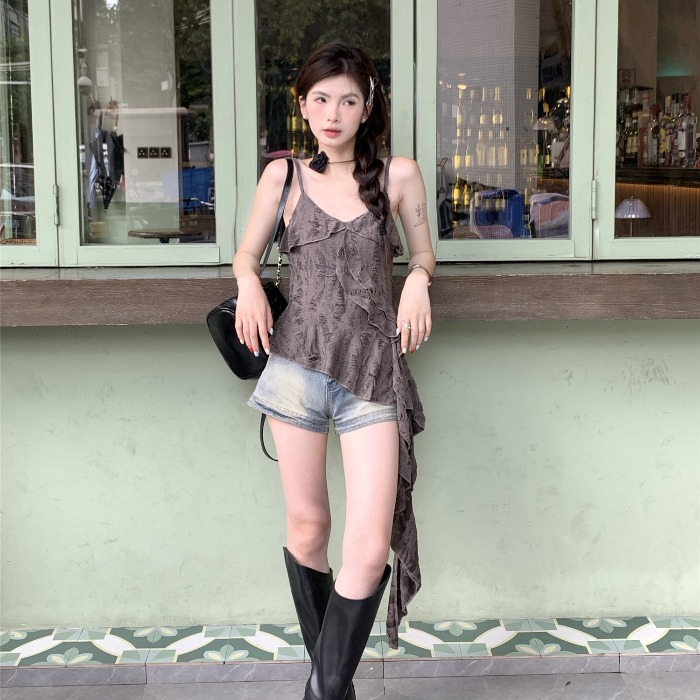 美式复古做旧不规则荷叶边拼接吊带背心女春设计感甜辣风独特上衣