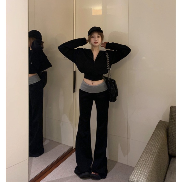 加绒加厚套装慵懒连帽长袖卫衣外套女秋冬修身撞色微喇叭裤两件套