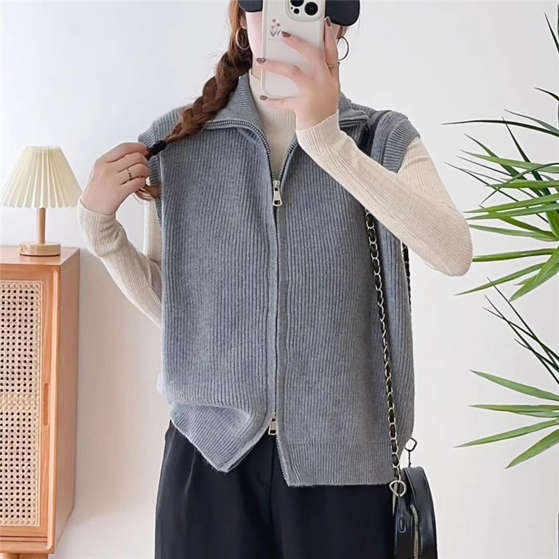 【衣朵设计】复古针织马甲女秋冬新款设计感宽松毛衣双头拉链开衫潮