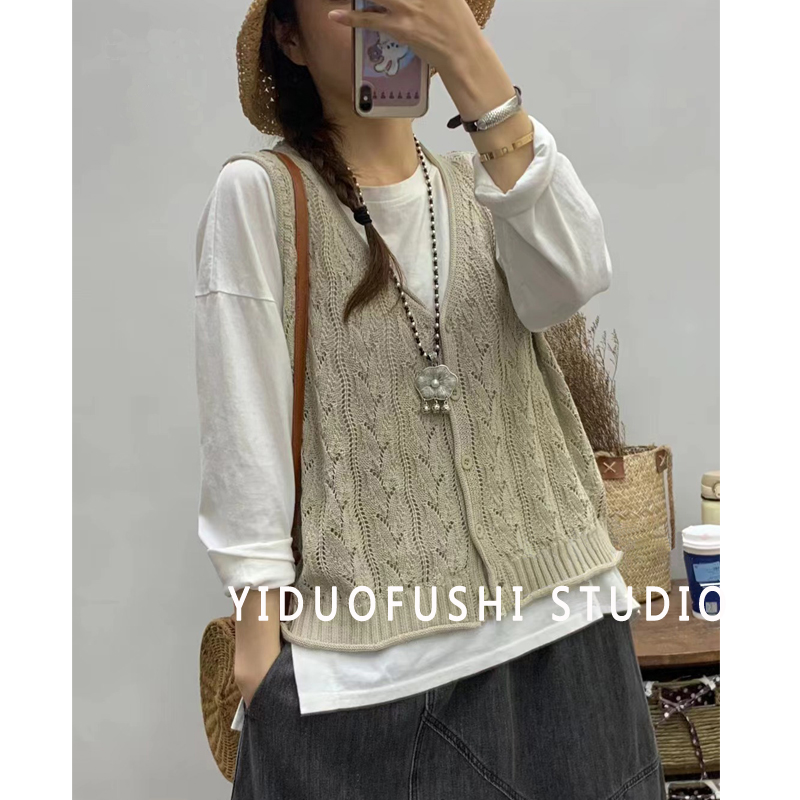秋季新款V领宽松针织毛衣复古马甲镂空钩花无袖开衫马夹背心女装