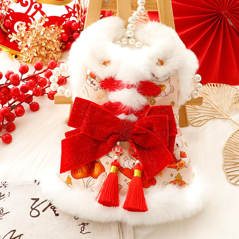 新年狗狗衣服秋冬装厚款猫咪公主唐装红色闪金喜庆小型犬泰迪宠物