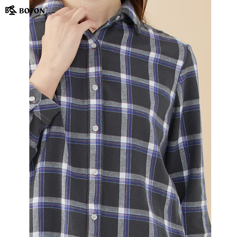 Boton/波顿棉中厚磨毛墨绿色格子衬衣秋冬季新款女士加绒高端衬衫