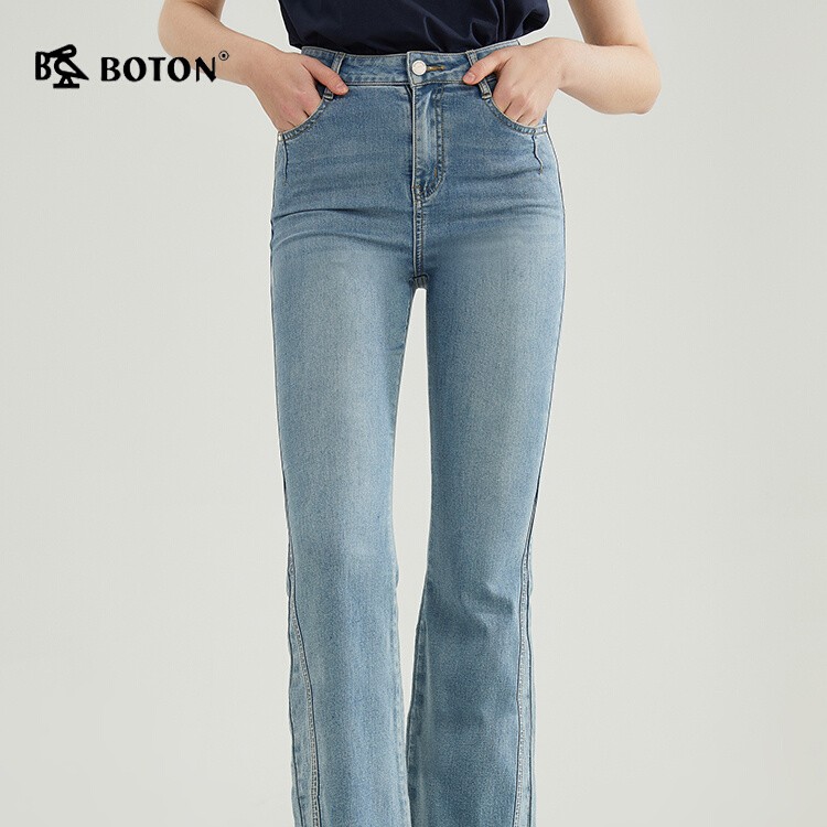 Boton/波顿新款春夏百搭牛仔裤女高腰九分浅蓝色牛仔裤高端微喇