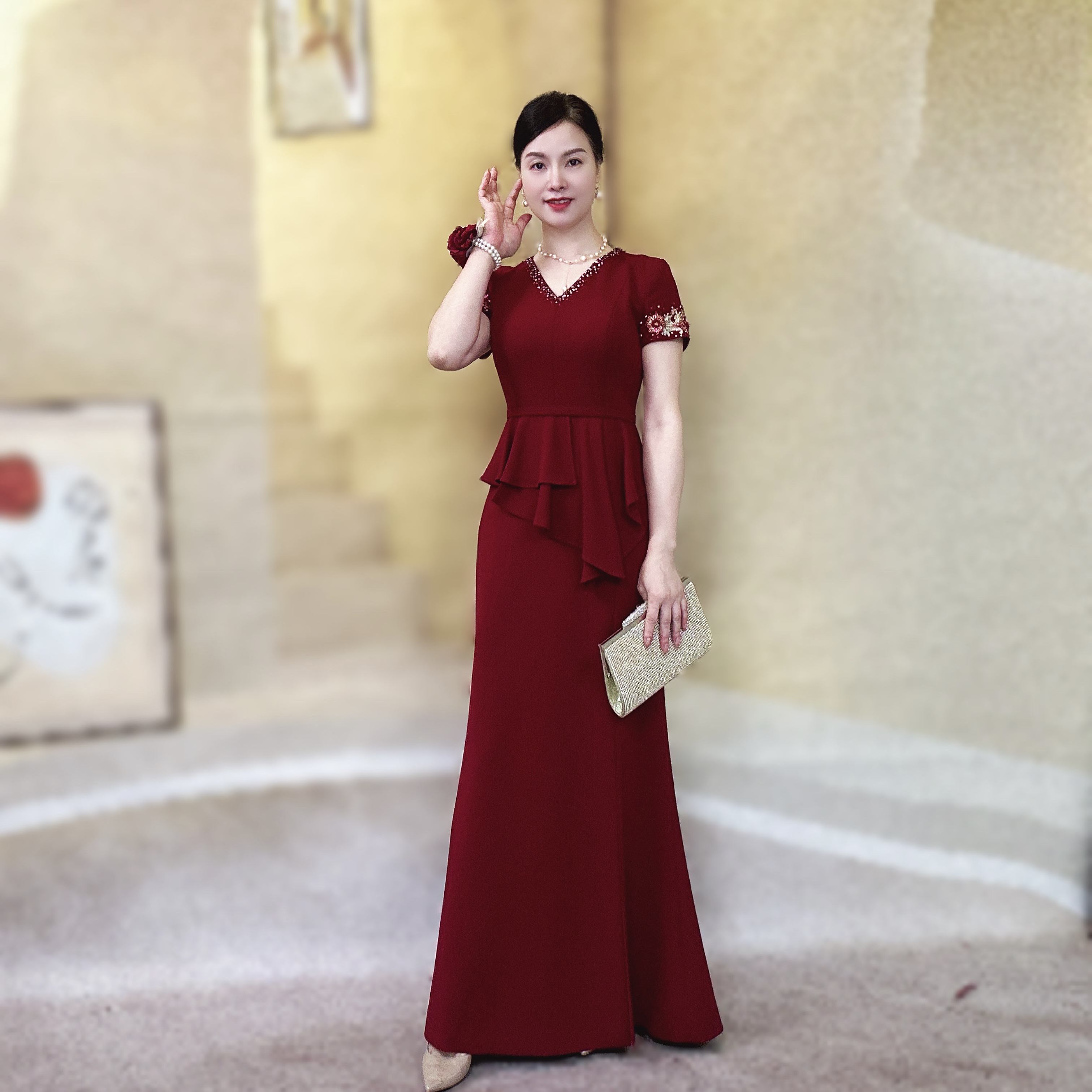 喜妃琳0039喜婆婆喜妈妈高定礼服 优雅知性高贵气质酒红色 连衣裙