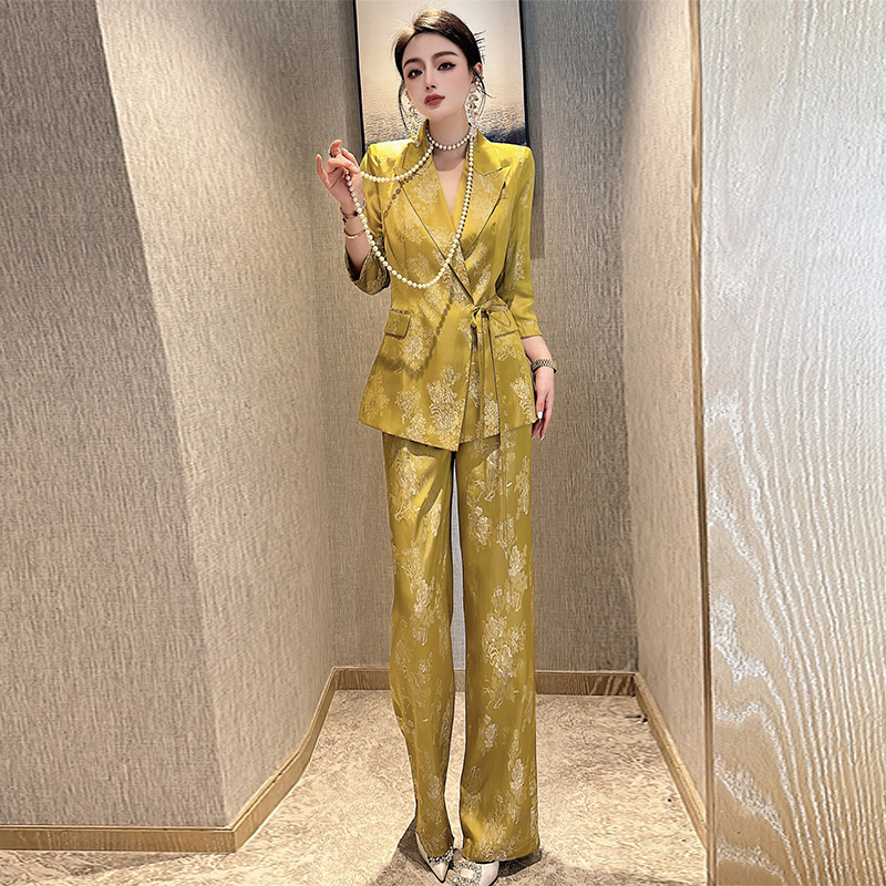 高级感时尚西服套装2025春夏名媛气质醋酸提花西装阔腿裤两件套女
