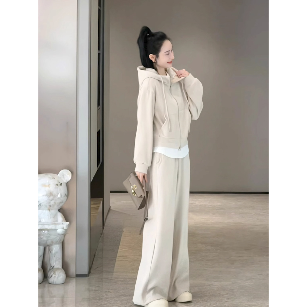 直筒休闲裤流行秋季运动套装春秋拉链开衫连帽减龄卫衣套装慵懒风
