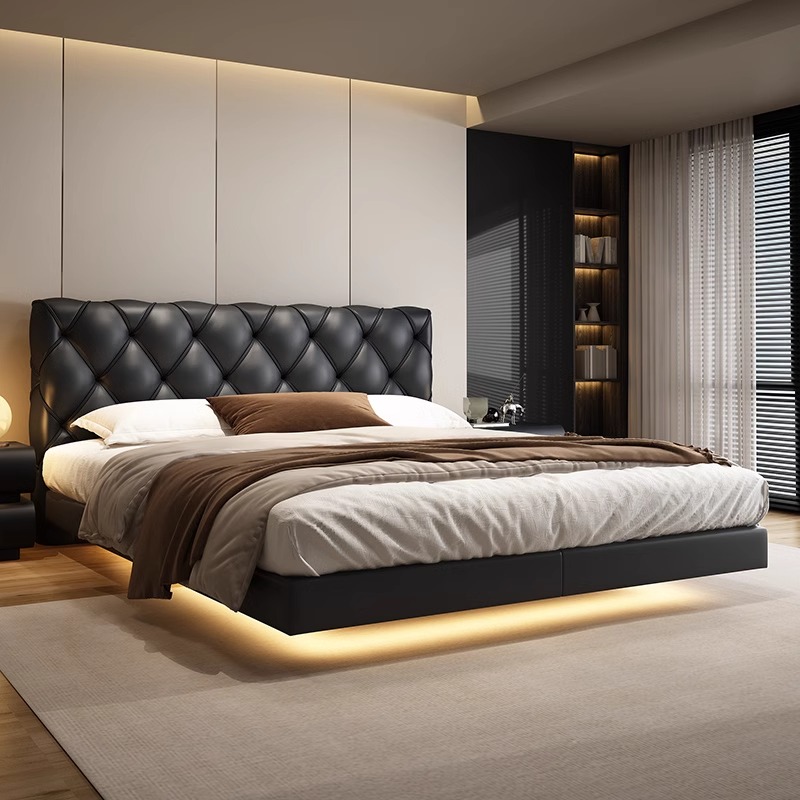 主卧室极简真皮床轻奢现代简约悬浮主卧床高端大气双人黑色菱格床