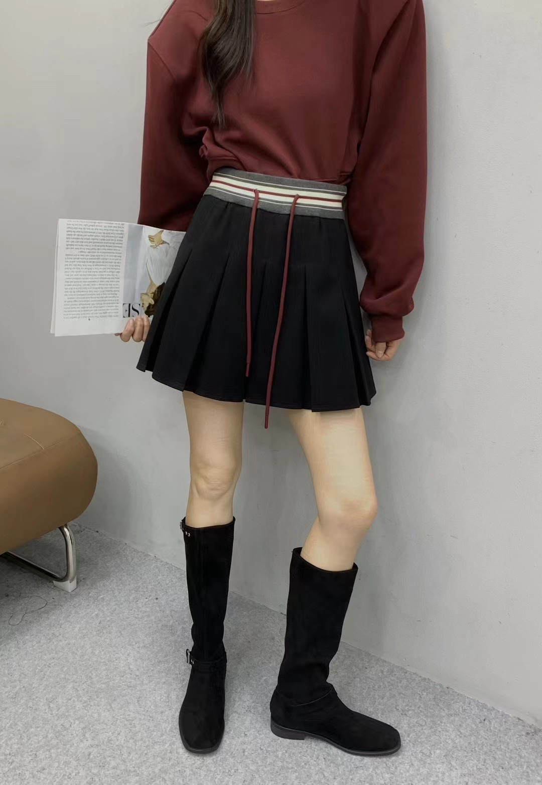 * 丽影 *秋冬新款* 条纹腰呢布百折短裙 * 时尚呢布短裙 百搭韩版