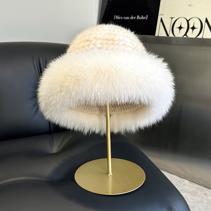 水貂毛帽子女秋冬季貂毛狐狸毛渔夫帽水貂皮草帽冬季时尚保暖盆帽