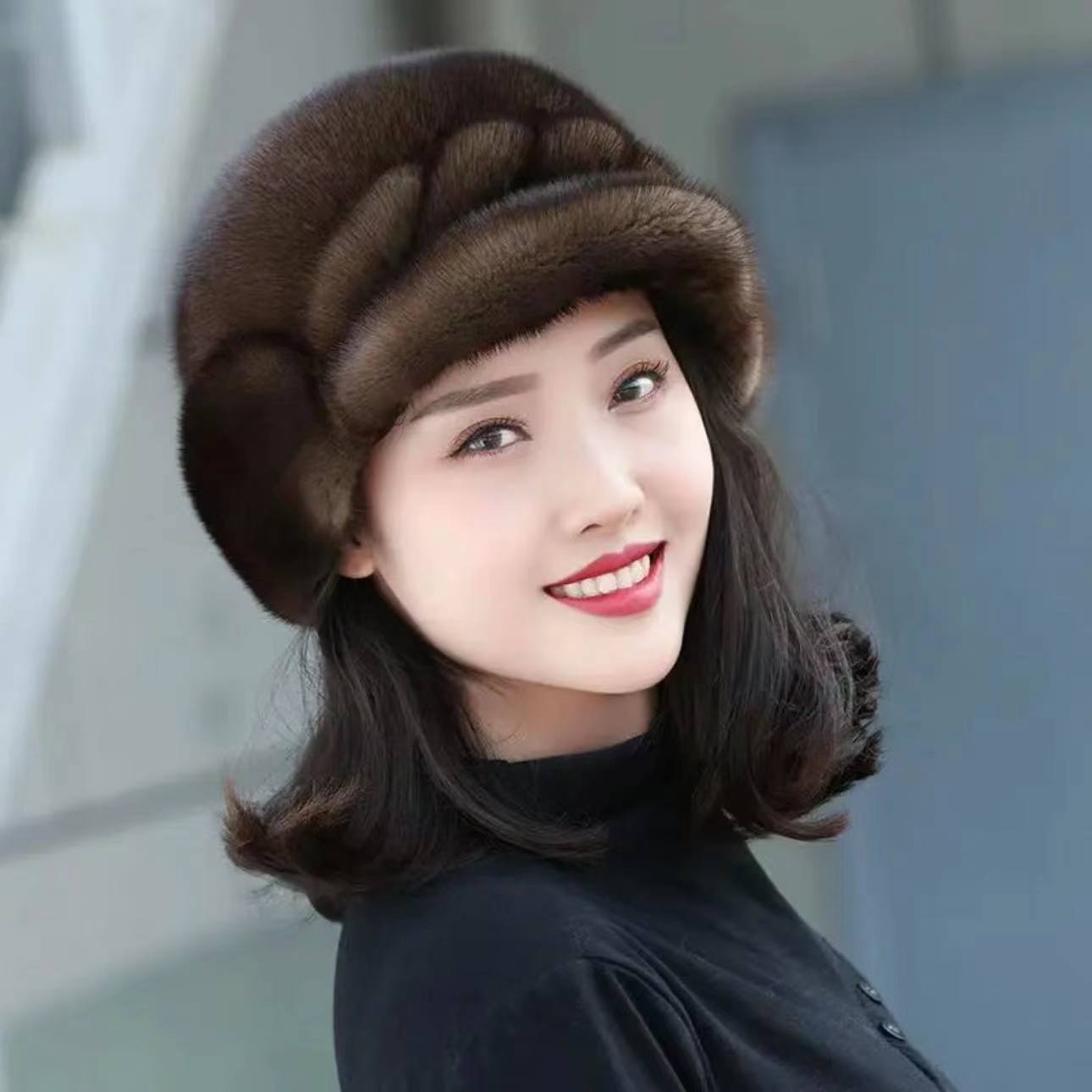 水貂毛麻花雷克帽中女士帽子冬季保暖帽时尚百搭