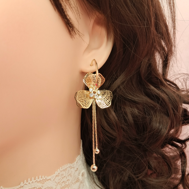 铜合金仿水晶耳饰 59-轻奢气质复古金色花朵长款时尚百搭流苏耳环