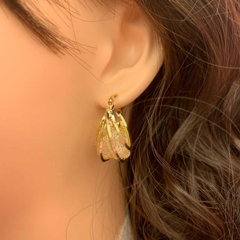 铜合金耳饰 28号--高级感时尚镂空网状圈圈耳扣镀16K真金百搭耳环