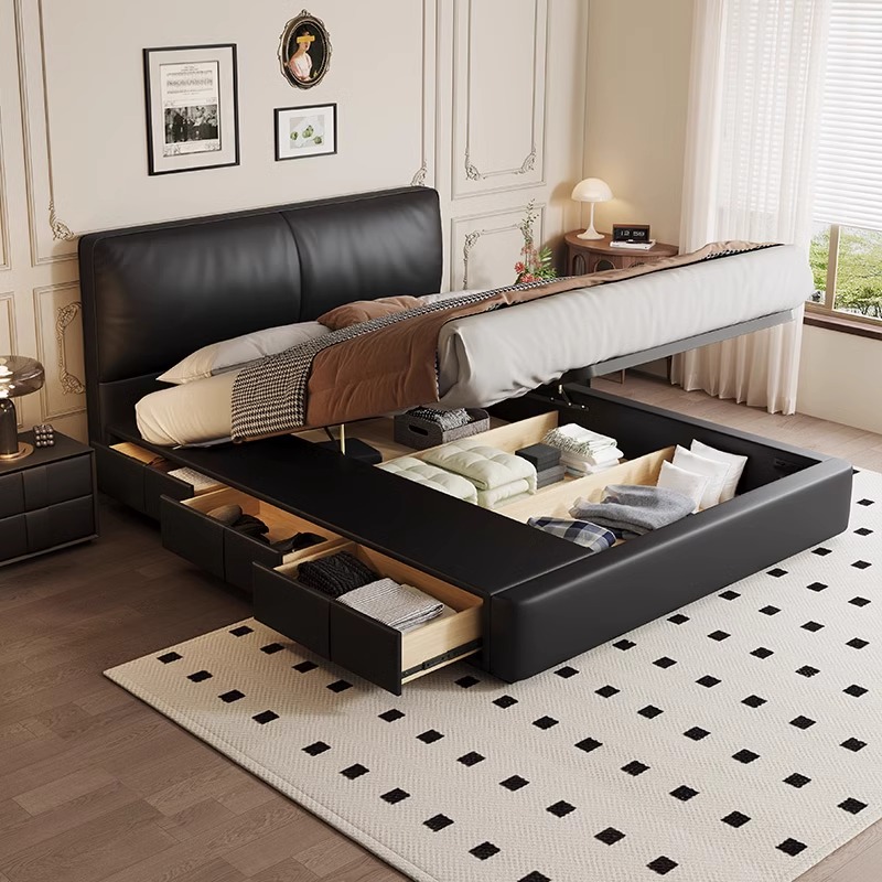 现代简约奶油风主卧双人床高箱储物意式极简黑色真皮床