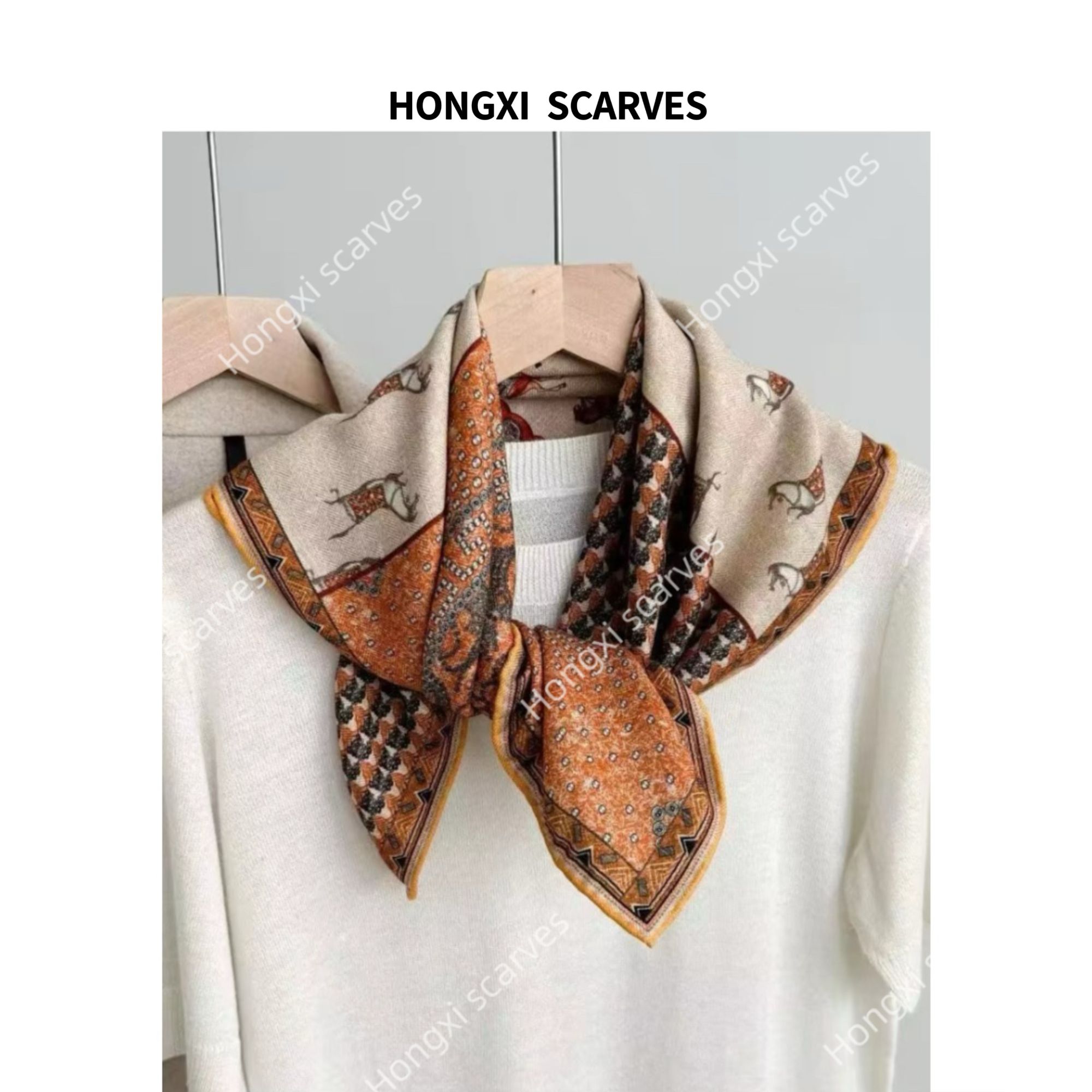 专属丝毛双面印染万马奔腾60方巾女款秋冬丝巾搭配围巾披肩B067