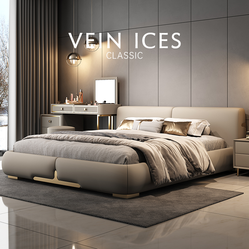 新木威轻奢矮床头靠包真牛皮现代简约主次卧大床高端大气2025新款
