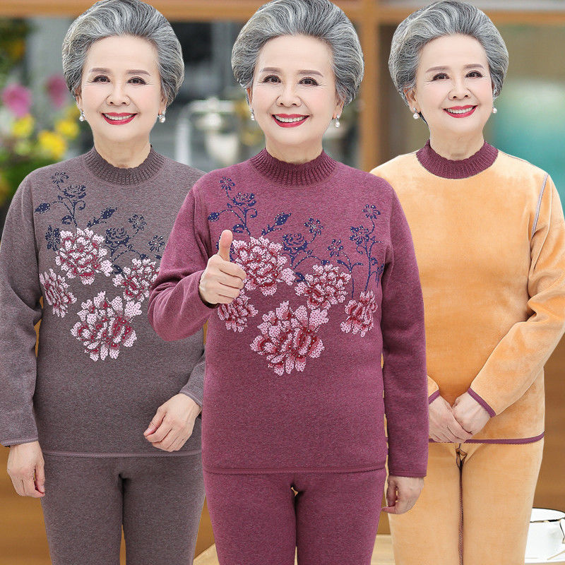 老人保暖内衣女士加绒加厚套装中老年人奶奶大码秋衣秋
