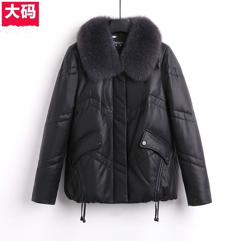 雪中飞海宁爆款大码pu皮服女2022冬新款仿狐狸毛领加厚短款皮外套