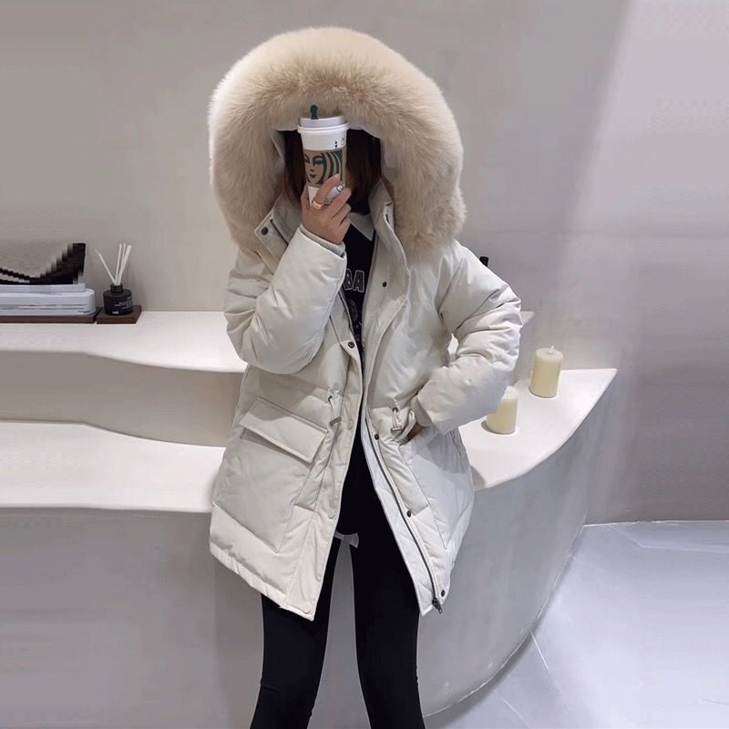 雪中飞SOUL韩国2021冬季新款狐狸大毛领连帽羽绒服宽松收腰白鸭绒