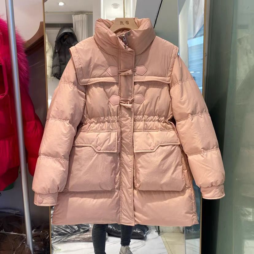 雪中飞中长立领牛角扣海军领羽绒服女新款时尚洋气甜美减龄百搭外
