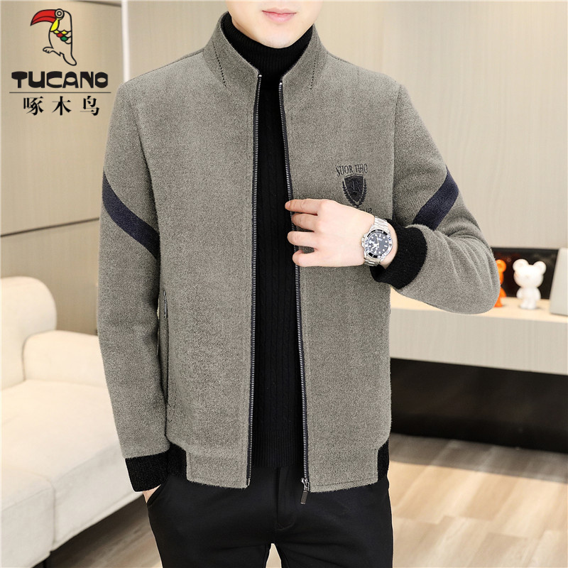 啄木鸟秋冬呢子外套男士加绒休闲毛呢立领冬装新款加厚短款大衣男