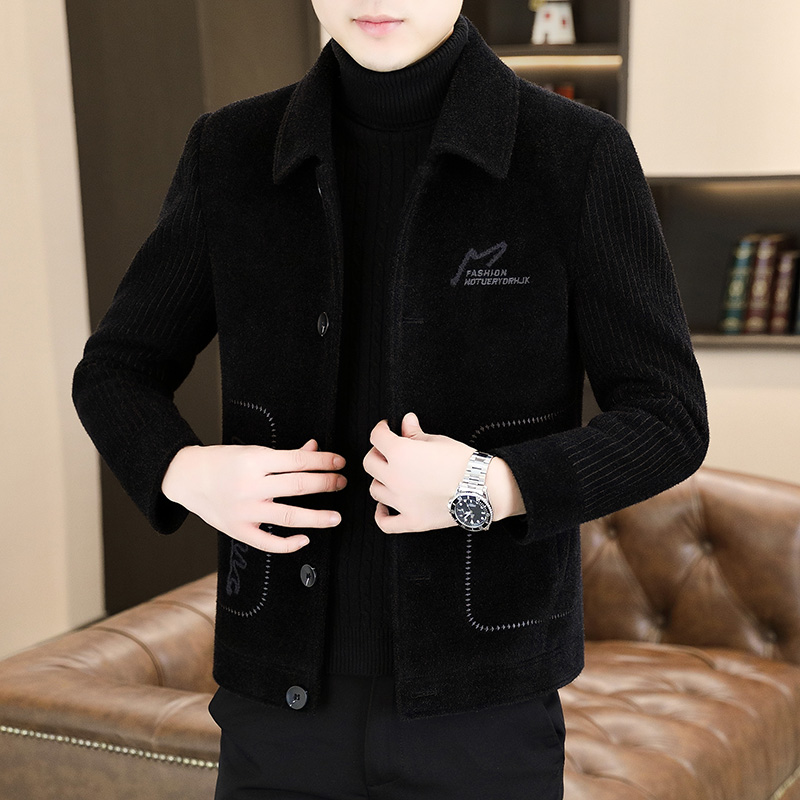 冬季毛呢大衣男韩版修身条纹短款夹克外套高端加绒加厚翻领