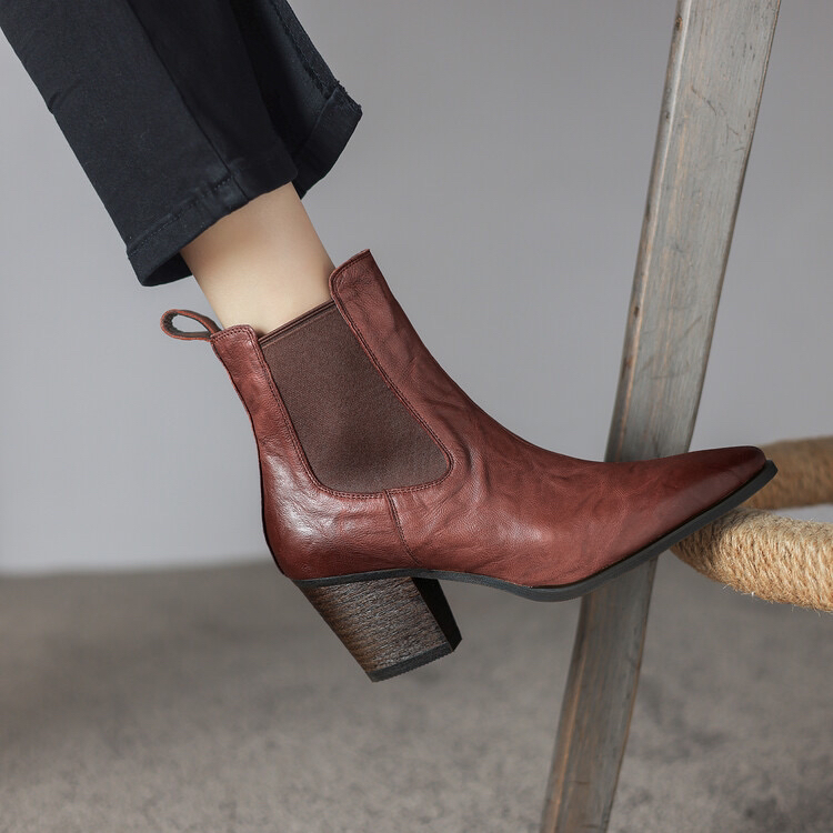 阿丽塔女鞋~6cm|34-41|水洗羊皮尖头粗跟短靴切尔西靴时装女靴