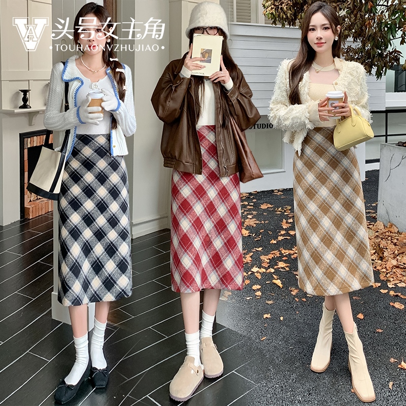 头号女主角实拍格纹毛呢裙秋冬新款复古格子高腰包臀短裙A字8192