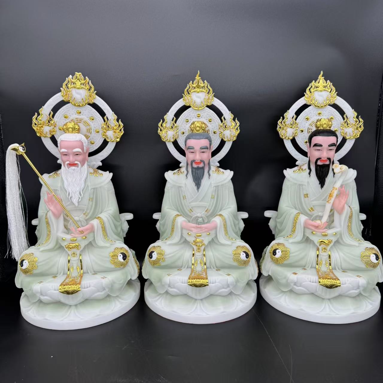 12寸/16寸合成玉空心天青色三清老君灵宝元始玄关家用摆件