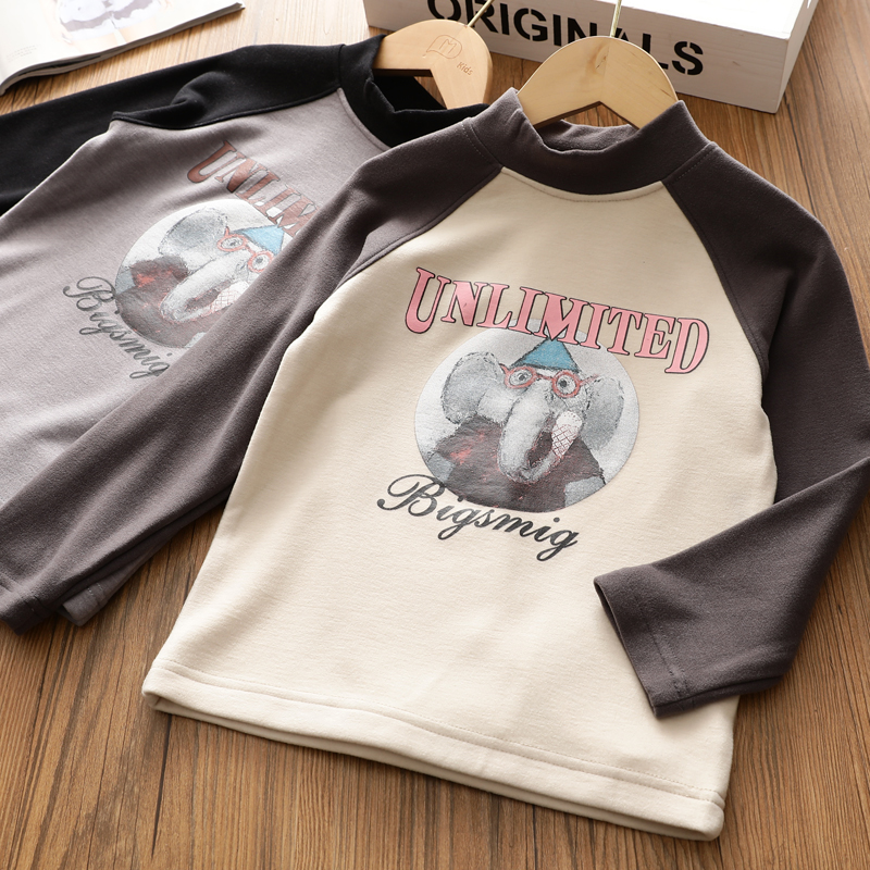 女童冬季新品暖姜绒长袖T恤 洋气印花插肩袖打底衫上衣