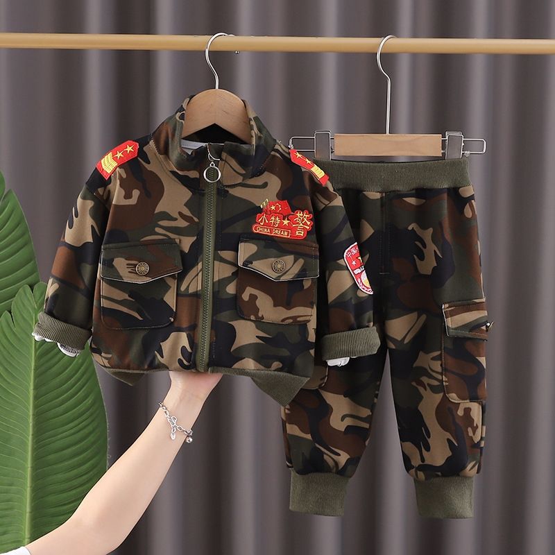 男童秋冬套装2024冬季加绒迷彩套装洋气宝宝三件套休闲衣服套装潮