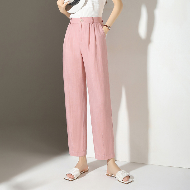 天丝亚麻哈伦裤女高腰显瘦2023夏季新款垂感小直筒休闲九分烟管裤